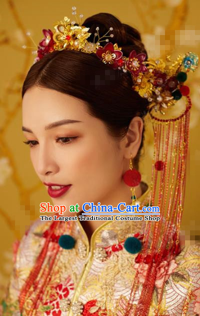 China Traditional Wedding Hair Crown and Red Beads Tassel Hairpins Ancient Bride Hair Accessories Full Set