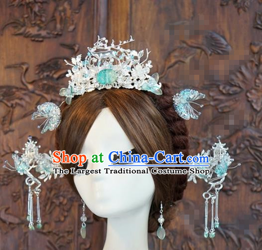 China Traditional Wedding Argent Hair Crown and Butterfly Hairpins Ancient Bride Hair Accessories