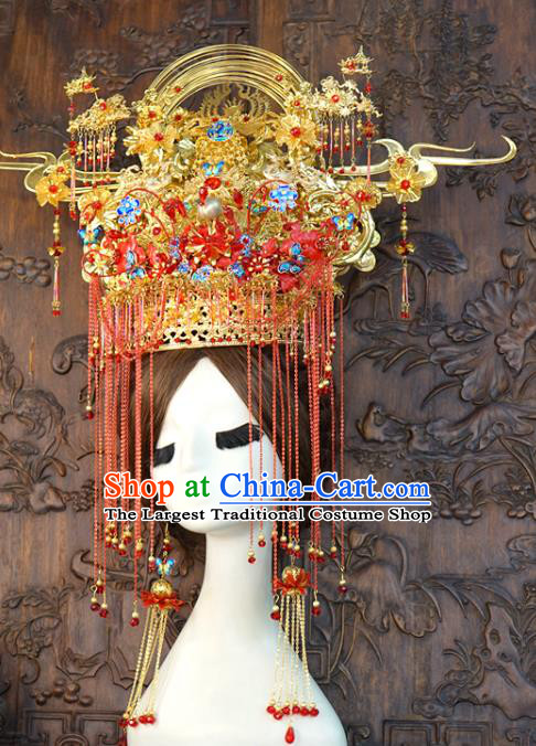 China Ancient Bride Blueing Phoenix Coronet Traditional Wedding Hanfu Luxury Hair Accessories Full Set