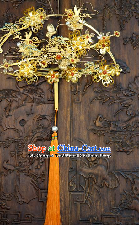 Chinese Traditional Wedding Palace Fan Handmade Ancient Bride Accessories Golden Crane Plum Fan