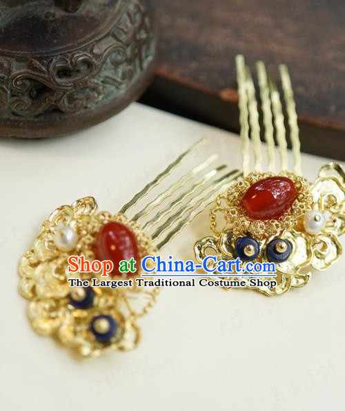 China Ancient Bride Golden Hair Combs Traditional Xiuhe Suit Hair Jewelry Accessories Qing Dynasty Palace Agate Hairpins