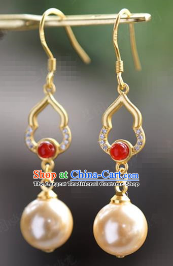 Top Grade Pearl Crystal Earrings Traditional Accessories China Ancient Court Empress Golden Gourd Ear Jewelry