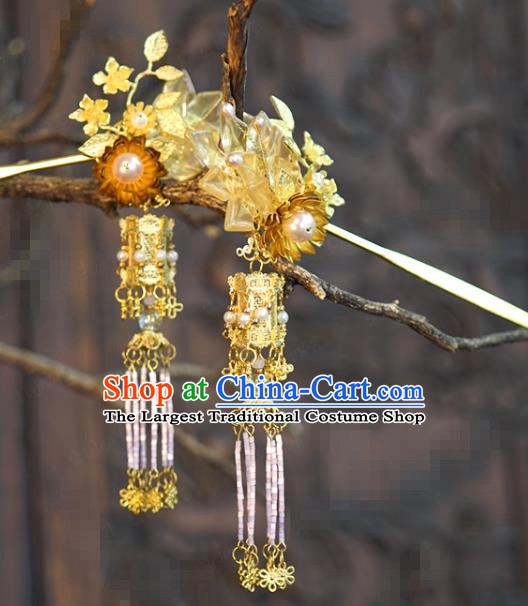 China Ancient Bride Palace Lantern Hairpins Traditional Xiuhe Suit Hair Accessories Wedding Tassel Hair Sticks
