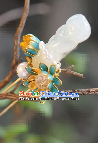 China Ancient White Jade Pearls Hairpin Traditional Xiuhe Suit Hair Jewelry Accessories Court Princess Convallaria Hair Stick