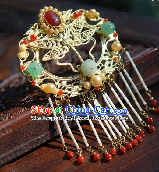 China Ancient Palace Golden Dragonfly Hairpin Traditional Xiuhe Suit Hair Jewelry Accessories Wedding Red Beads Tassel Hair Comb