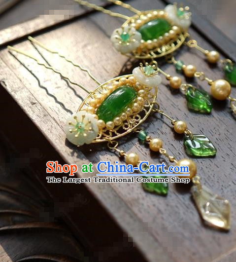 China Traditional Xiuhe Suit Hair Jewelry Accessories Wedding Jade Hair Sticks Ancient Palace Pearls Hairpins