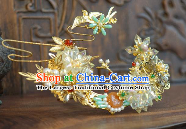 China Wedding Pearls Plum Hairpin Traditional Xiuhe Suit Hair Accessories Ancient Bride Golden Magpie Hair Stick