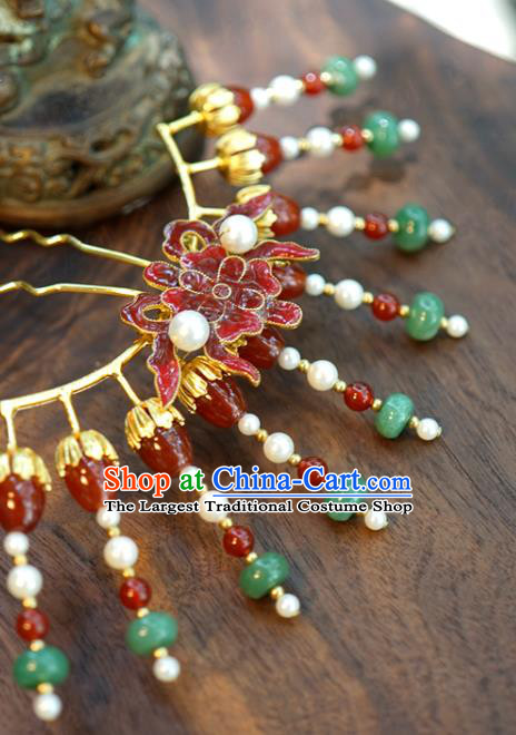 China Wedding Jade Hair Stick Jewelry Adornment Traditional Xiuhe Suit Hair Accessories Ancient Empress Cloisonne Red Peony Hairpin