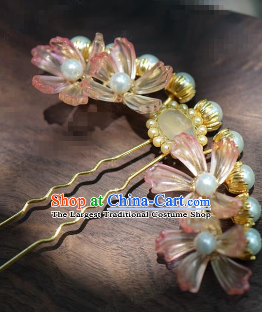 China Ancient Hanfu Pink Flowers Hairpin Wedding Pearls Hair Stick Traditional Xiuhe Suit Hair Jewelry Accessories
