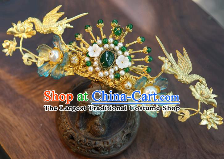China Wedding Golden Crane Lotus Hair Crown Traditional Xiuhe Suit Jewelry Hair Accessories Ancient Princess Jade Hairpin