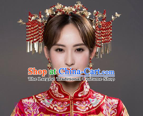 Chinese Ancient Wedding Hair Jewelry Accessories Traditional Bride Golden Hair Crown and Hairpins Full Set