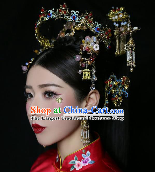 Chinese Traditional Bride Blueing Hair Crown and Hairpins Ancient Wedding Hair Jewelry Accessories Full Set