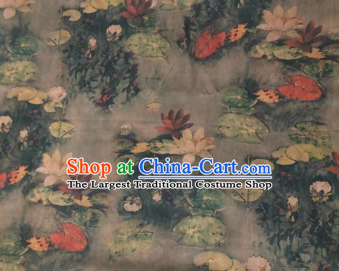 Chinese Classical Water Lily Pattern Design Grey Gambiered Guangdong Gauze Fabric Asian Traditional Cheongsam Silk Material