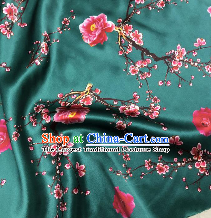 Chinese Classical Plum Blossom Pattern Design Deep Green Gambiered Guangdong Gauze Fabric Asian Traditional Cheongsam Silk Material