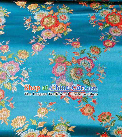 Chinese Classical Royal Flowers Pattern Design Blue Brocade Fabric Asian Traditional Satin Tang Suit Silk Material