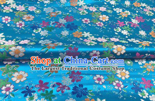 Japanese Kimono Classical Florescence Pattern Design Blue Brocade Fabric Asian Traditional Satin Silk Material