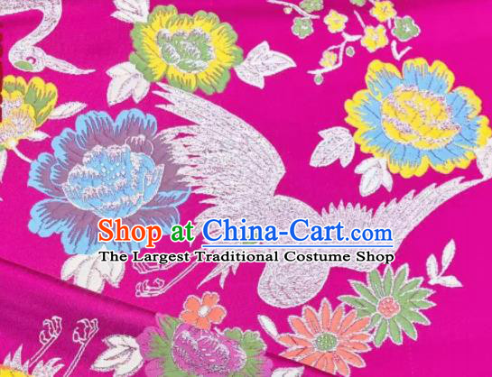 Japanese Kimono Classical Crane Plum Pattern Design Rosy Brocade Fabric Asian Traditional Satin Silk Material
