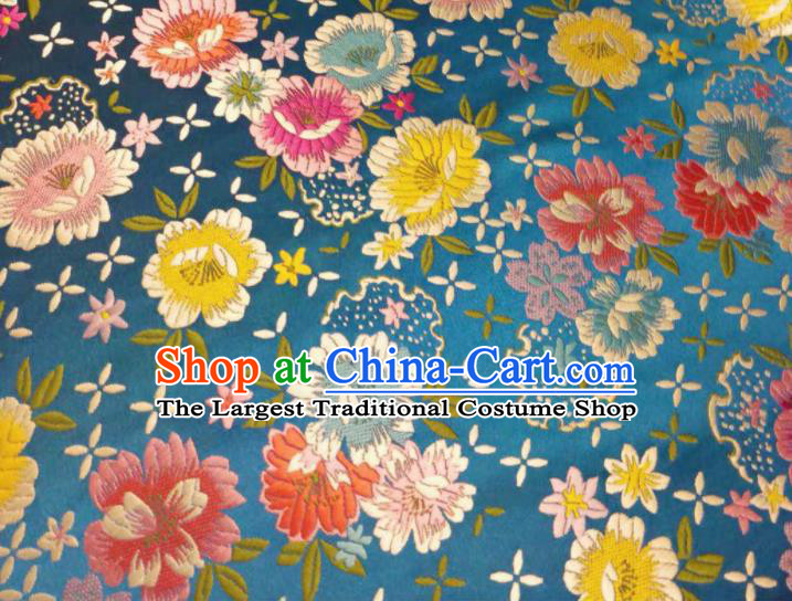 Chinese Classical Beautiful Flowers Pattern Design Lake Blue Brocade Fabric Asian Traditional Satin Silk Material