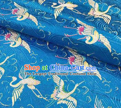 Chinese Classical Royal Cranes Pattern Design Blue Brocade Fabric Asian Traditional Satin Silk Material