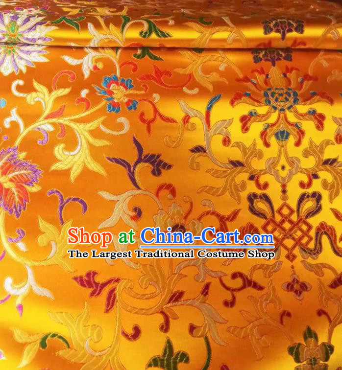 Chinese Royal Twine Floral Pattern Design Golden Brocade Fabric Asian Traditional Satin Silk Material