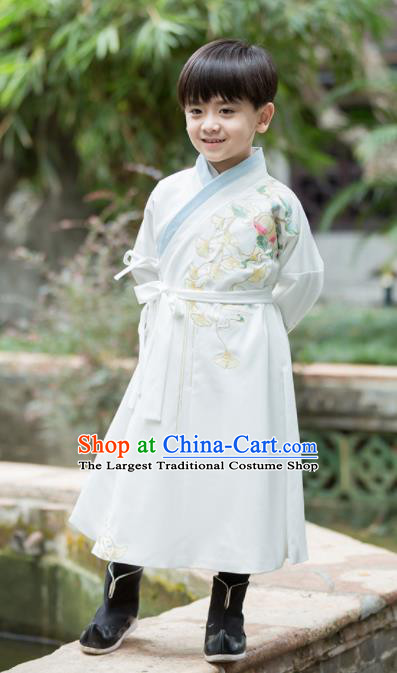 Chinese Traditional Ming Dynasty Scholar White Costume Ancient Swordsman Hanfu Clothing for Kids