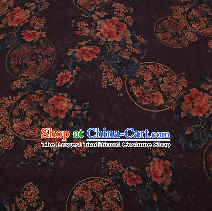 Chinese Classical Printing Peony Plum Pattern Design Deep Purple Gambiered Guangdong Gauze Fabric Asian Traditional Cheongsam Silk Material