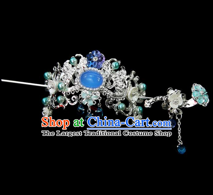 Chinese Ancient Princess Blue Hair Crown and Hairpins Traditional Classical Dance Hair Accessories for Women
