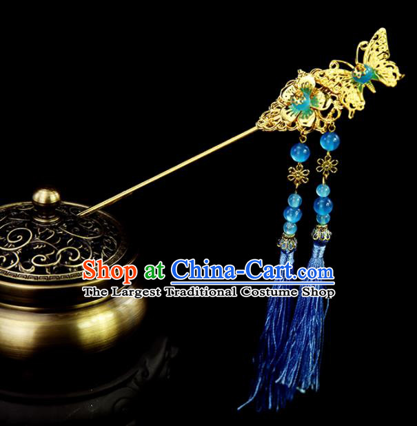 Chinese Ancient Princess Blue Tassel Butterfly Hairpins Traditional Classical Dance Hair Accessories for Women