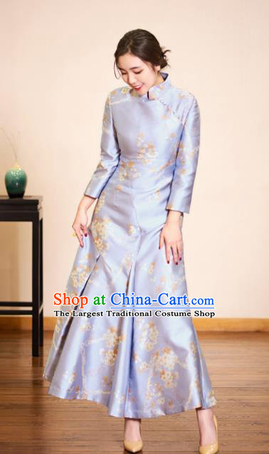 Traditional Chinese Graceful Brocade Cheongsam Light Blue Silk Qipao Dress for Women