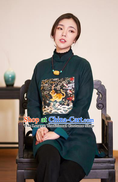Top Grade Traditional Chinese Embroidered Atrovirens Blouse Qipao Upper Outer Garment for Women