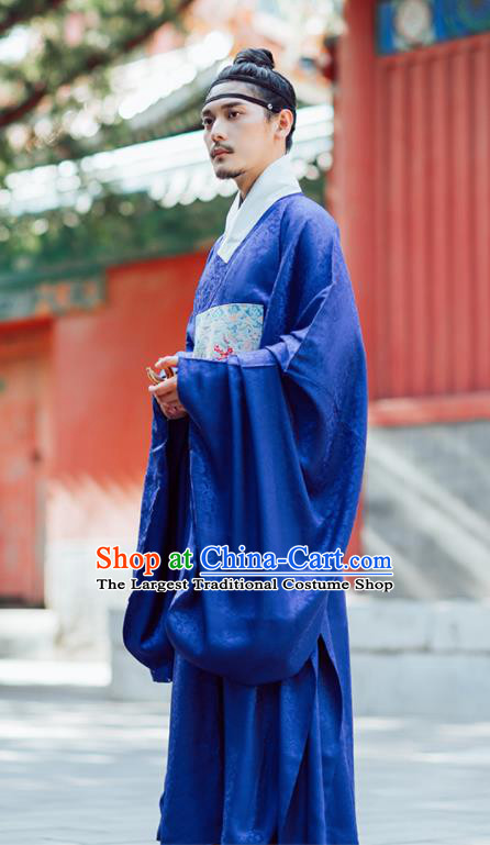 Chinese Ancient Official Blue Gown Traditional Ming Dynasty Minister Costumes for Men