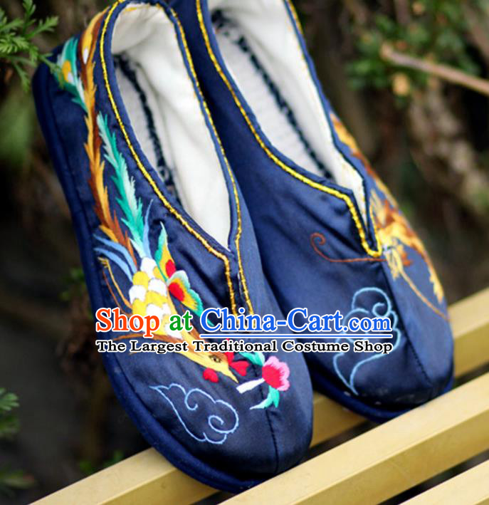 Chinese Traditional National Embroidered Dragon Phoenix Navy Shoes Hanfu Shoes for Women