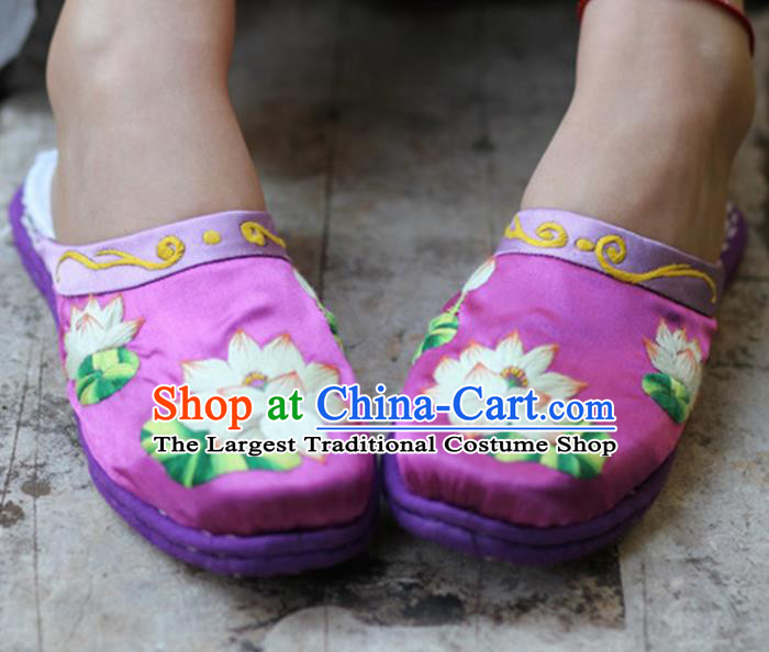 Chinese Traditional National Embroidered Lotus Purple Slippers Hanfu Shoes for Women
