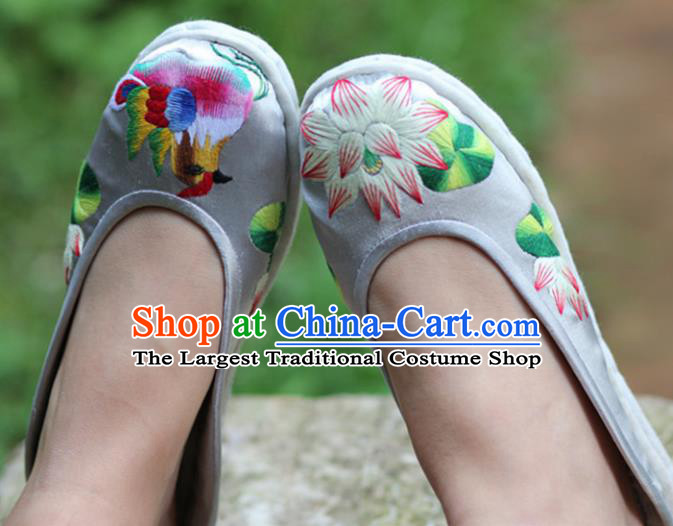 Chinese Traditional National Embroidered Mandarin Duck Lotus Argent Slippers Hanfu Shoes for Women