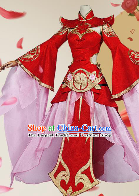 Chinese Cosplay Game Fairy Princess Wedding Red Dress Traditional Ancient Female Swordsman Costume for Women