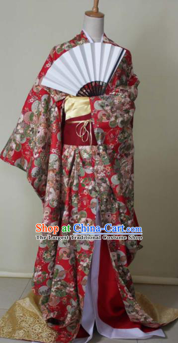 Japanese Court Queen Furisode Kimono Red Yukata Dress Traditional Ancient Courtesan Costume for Women