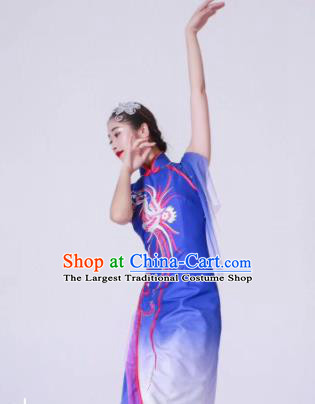 Chinese Classical Dance Blue Dress Traditional Fan Dance Stage Show Costume for Women