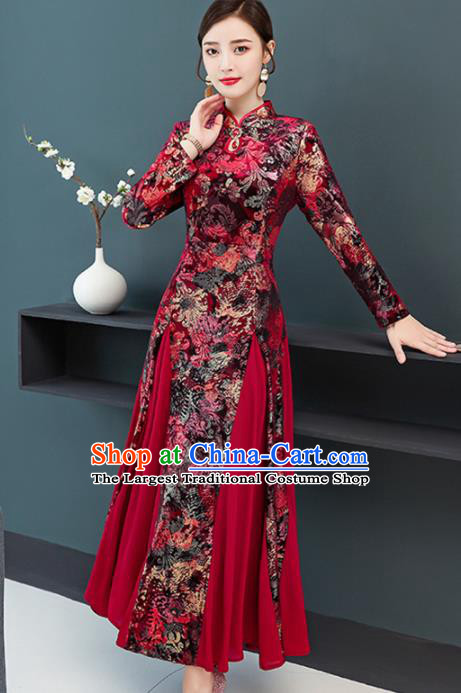 Chinese Traditional Compere Mother Printing Red Cheongsam Costume China National Qipao Dress for Women