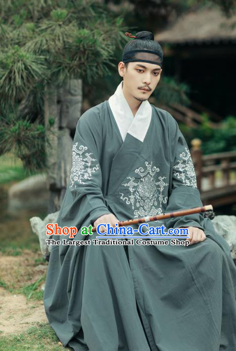Chinese Ancient Taoist Priest Atrovirens Embroidered Robe Traditional Ming Dynasty Scholar Costumes for Men