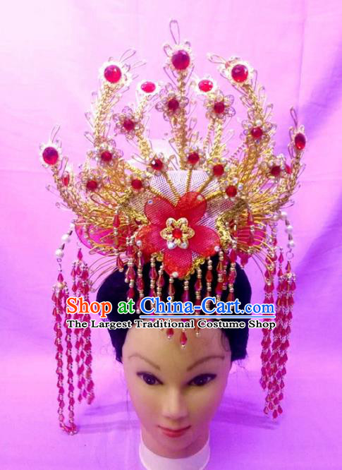 Chinese Traditional Peking Opera Princess Red Flower Phoenix Crown Hairpins Handmade Beijing Opera Diva Hair Accessories for Women