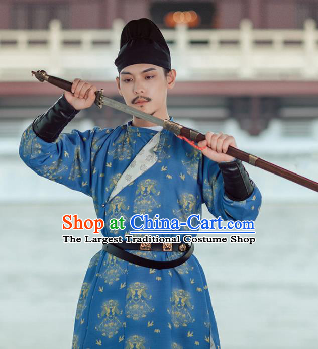 Chinese Ancient Chivalry Swordsman Blue Robe Traditional Tang Dynasty Imperial Bodyguard Costumes for Men