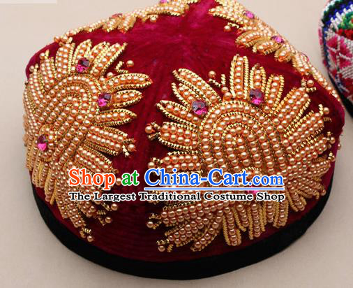 Chinese Traditional Uyghur Nationality Embroidered Beads Red Hat Ethnic Folk Dance Stage Show Headwear for Women