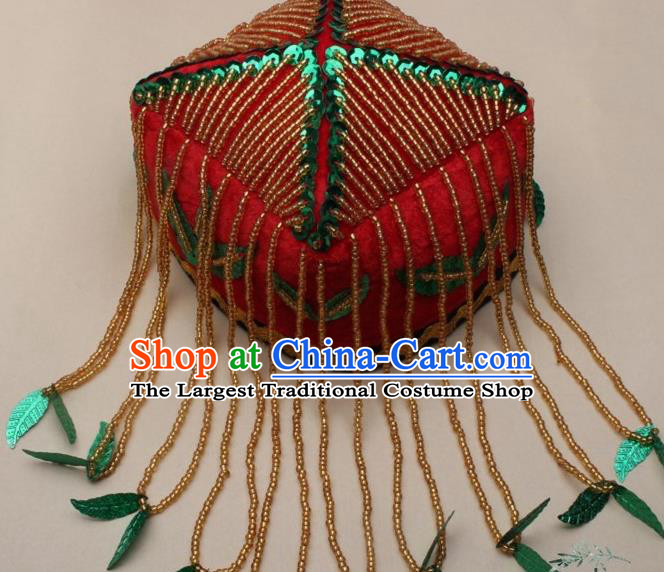Chinese Traditional Uyghur Nationality Girls Green Leaf Tassel Hat Ethnic Folk Dance Stage Show Headwear for Kids