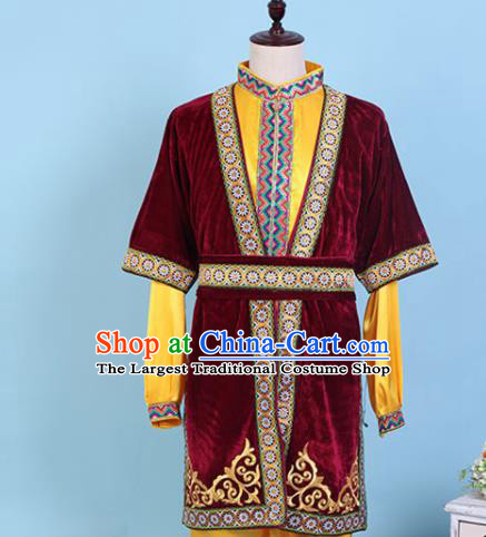 Chinese Traditional Kazak Nationality Embroidered Wine Red Clothing Xinjiang Ethnic Folk Dance Costume for Men