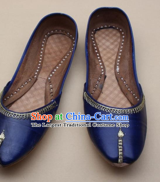 Asian Nepal National Handmade Deep Blue Leather Shoes Indian Traditional Folk Dance Shoes for Women