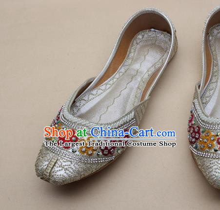 Asian Nepal National Light Golden Leather Shoes Handmade Indian Traditional Folk Dance Shoes for Women
