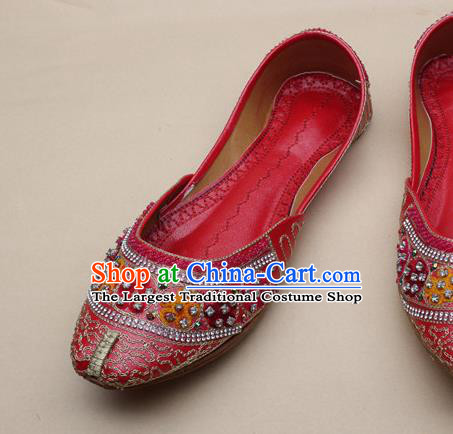 Asian Nepal National Red Leather Shoes Handmade Indian Traditional Folk Dance Shoes for Women
