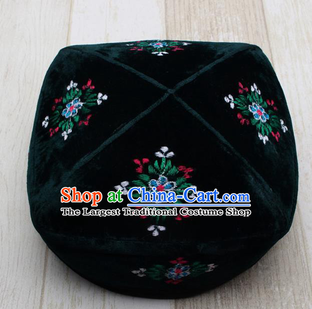 Chinese Traditional Uyghur Minority Embroidered Deep Green Hat Ethnic Xinjiang Folk Dance Headwear for Men