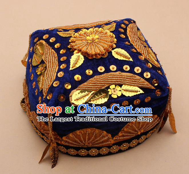 Handmade Chinese Traditional Uyghur Minority Dance Beads Royalblue Hat Ethnic Nationality Headwear for Women