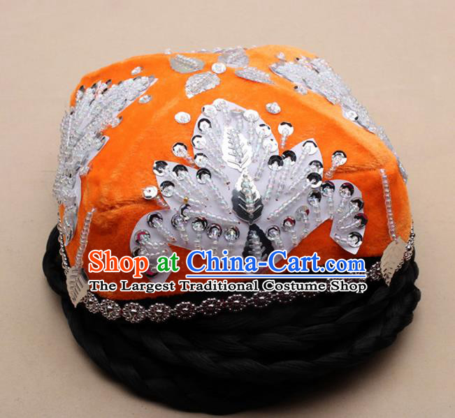 Chinese Traditional Uyghur Minority Dance Braid Paillette Orange Hat Xinjiang Ethnic Nationality Headwear for Women